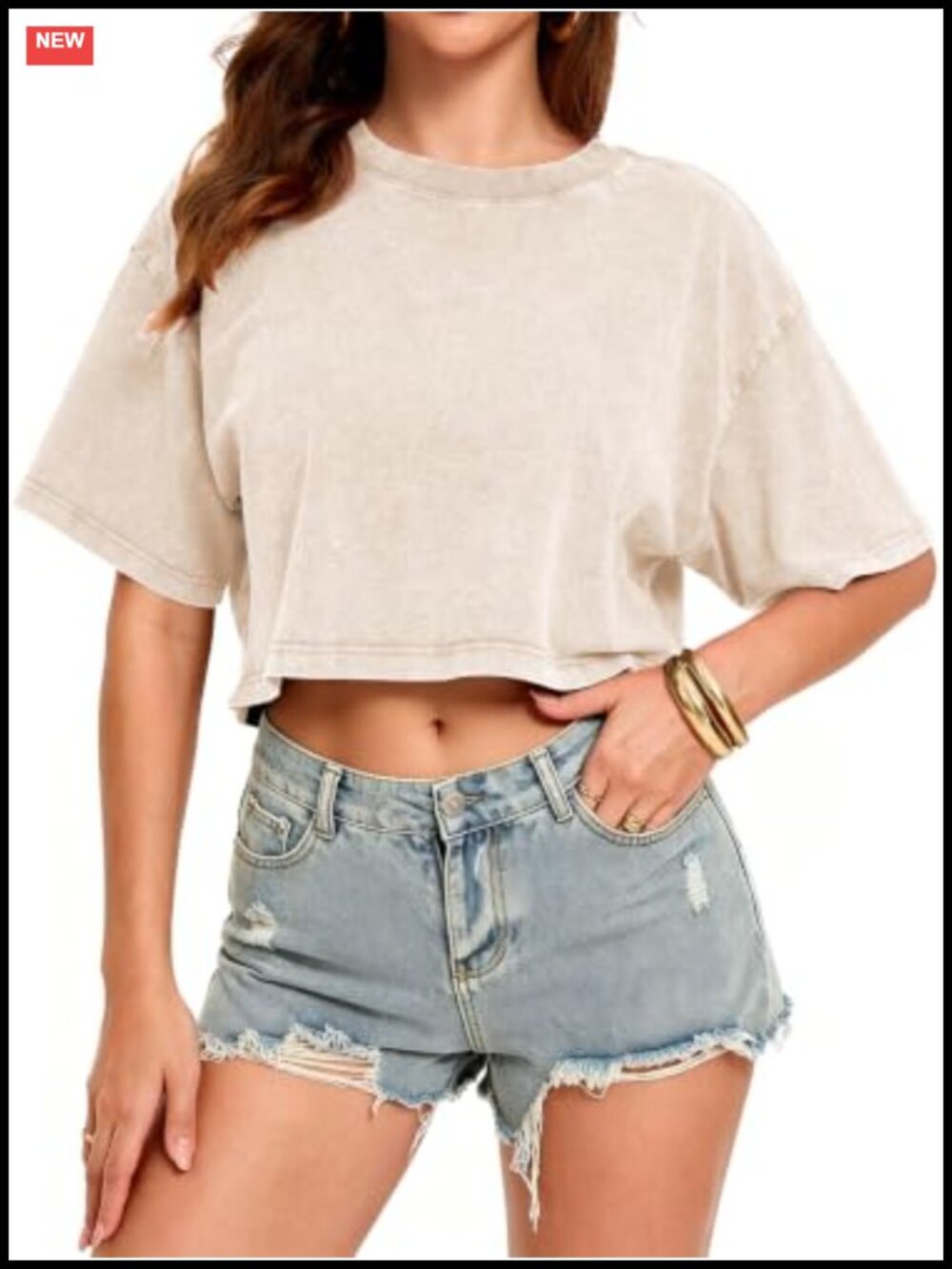 100% Cotton Acid Wash Crop Top Short Sleeve Crew Neck Casual Tee